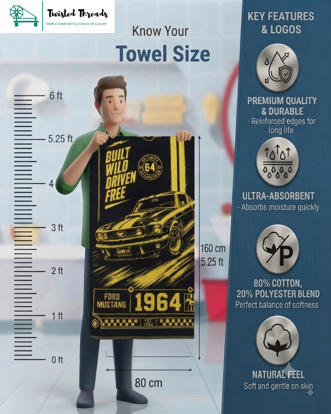 Wild Stallion Muscle Car Woven Towel | American Muscle Jacquard Cotton Bath & Beach Towel