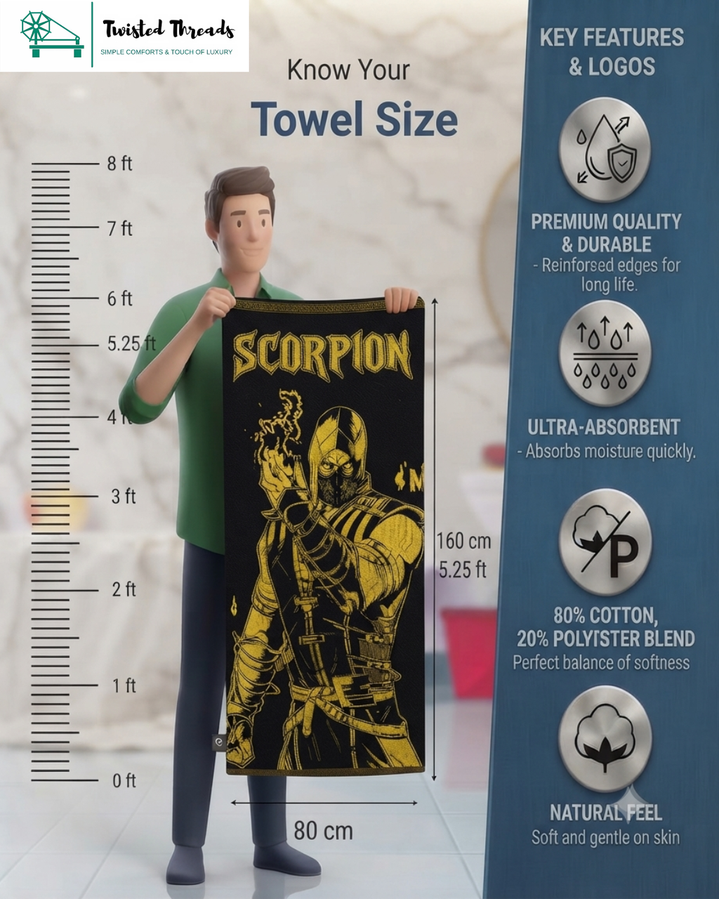 Golden Scorpion Woven Towel | Black & Gold Jacquard Cotton Bath & Beach Towel
