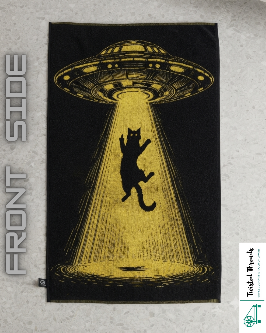 Cosmic Cat & UFO Woven Towel | Yellow & Black Jacquard Cotton Bath & Beach Towel