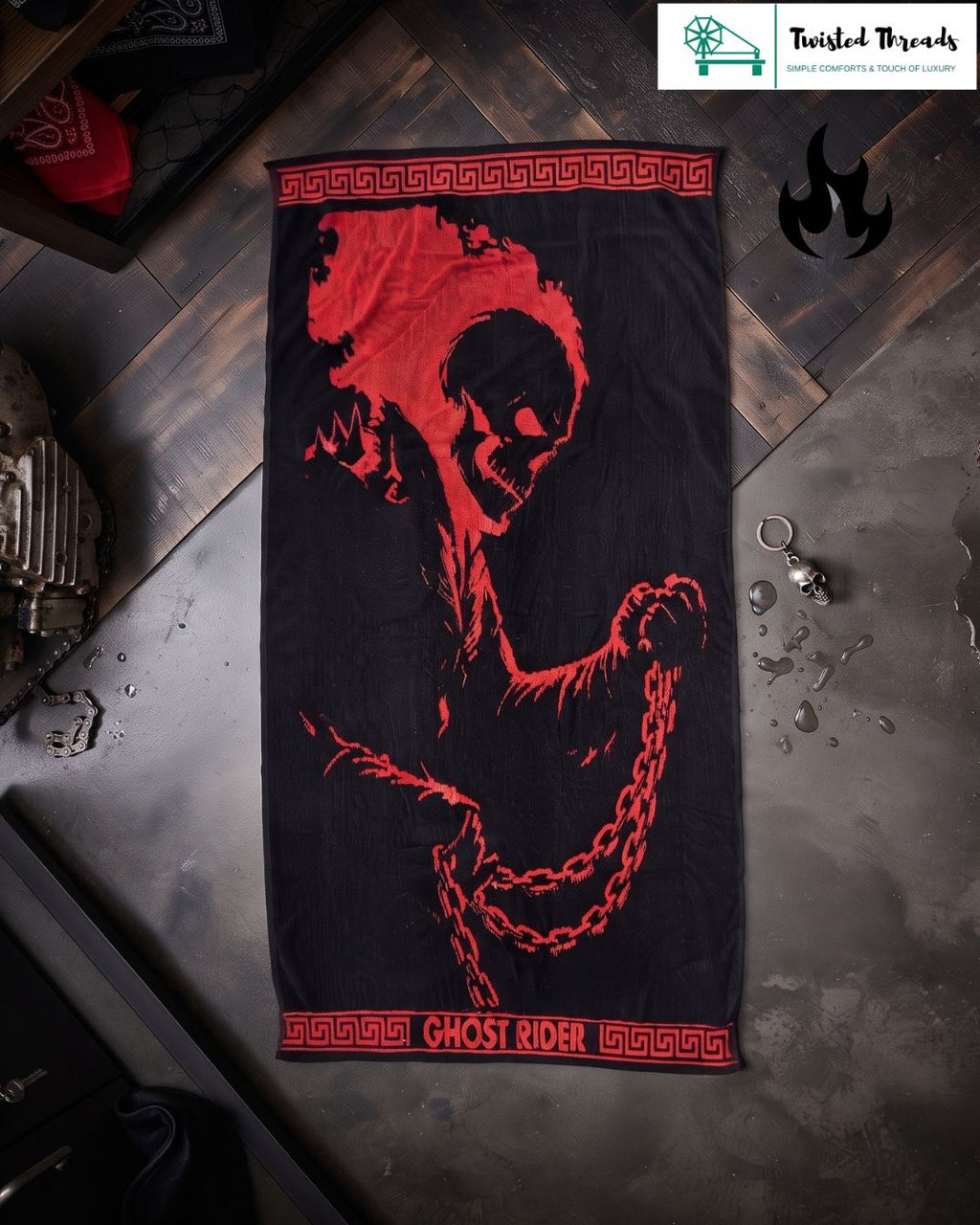Flaming Skull Rider Woven Towel | Jacquard Cotton Beach & Bath Towel