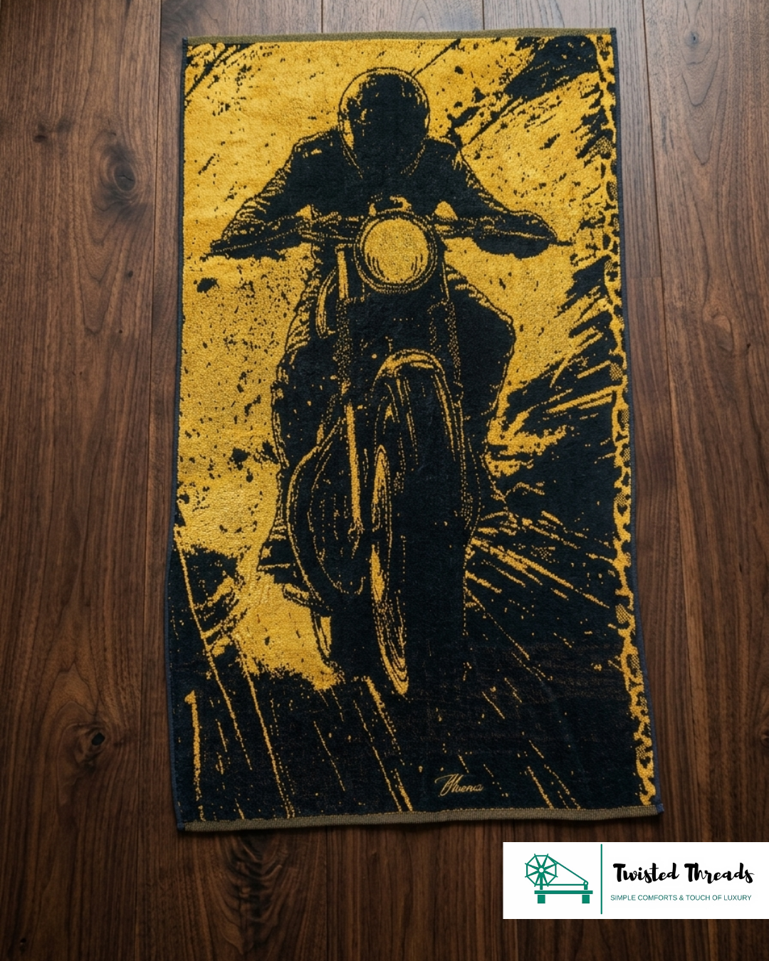 Mud Rider Dirt Bike Woven Towel | Black & Gold Jacquard Cotton Bath & Beach Towel