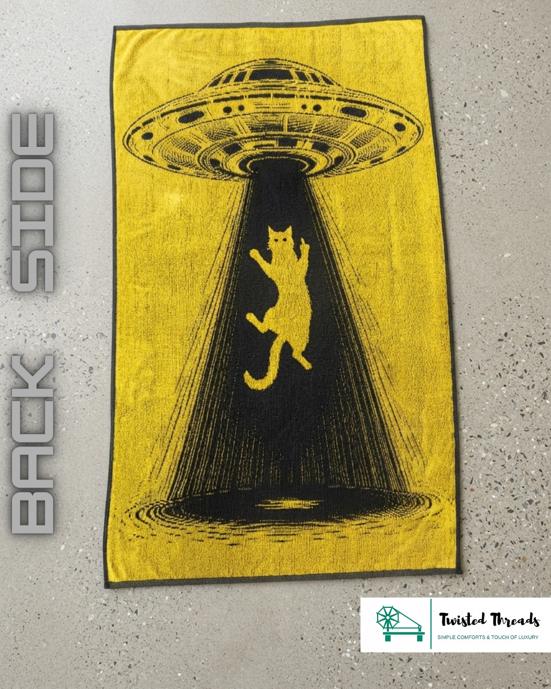 Cosmic Cat & UFO Woven Towel | Yellow & Black Jacquard Cotton Bath & Beach Towel