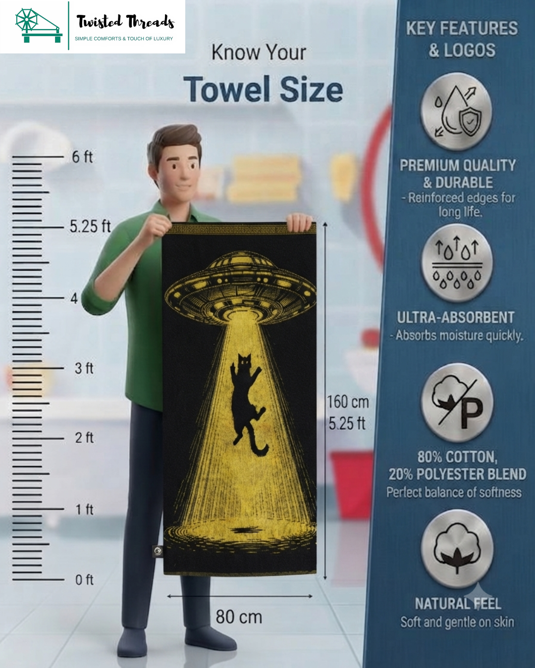Cosmic Cat & UFO Woven Towel | Yellow & Black Jacquard Cotton Bath & Beach Towel