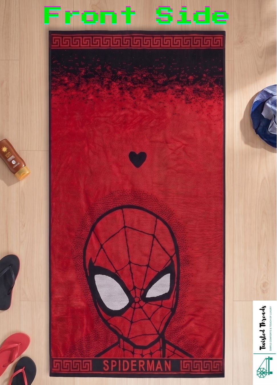 Web Hero Mask Woven Towel | Red & Blue Jacquard Cotton Bath & Beach Towel