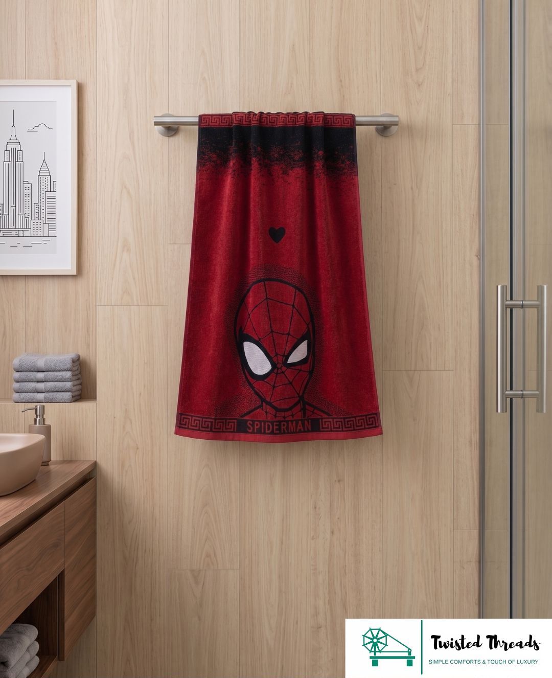 Web Hero Mask Woven Towel | Red & Blue Jacquard Cotton Bath & Beach Towel
