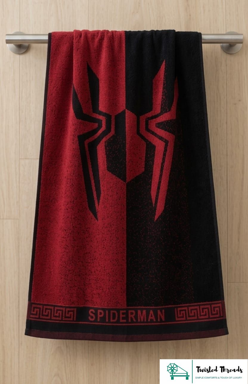 Crimson Spider Woven Towel | Red & Black Jacquard Cotton Bath & Beach Towel