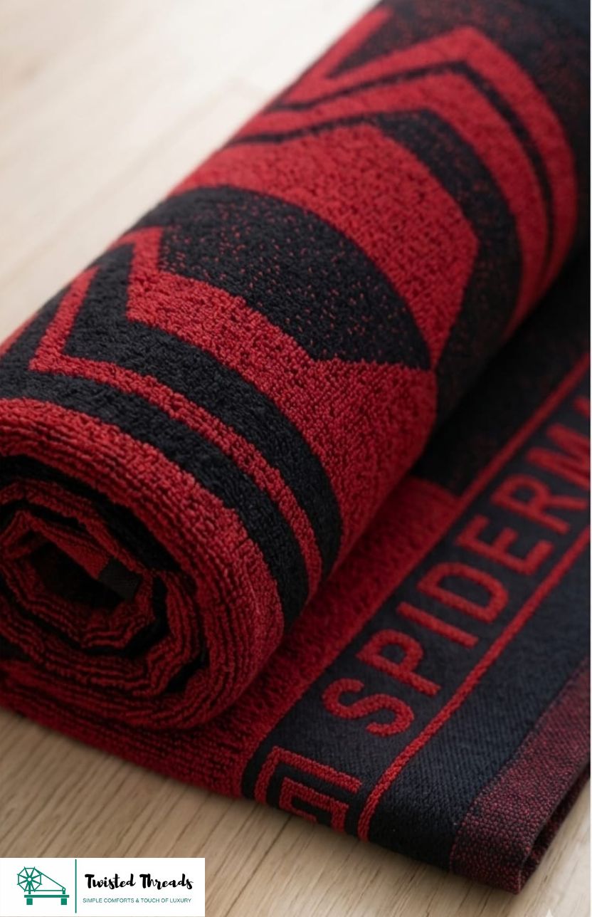 Crimson Spider Woven Towel | Red & Black Jacquard Cotton Bath & Beach Towel